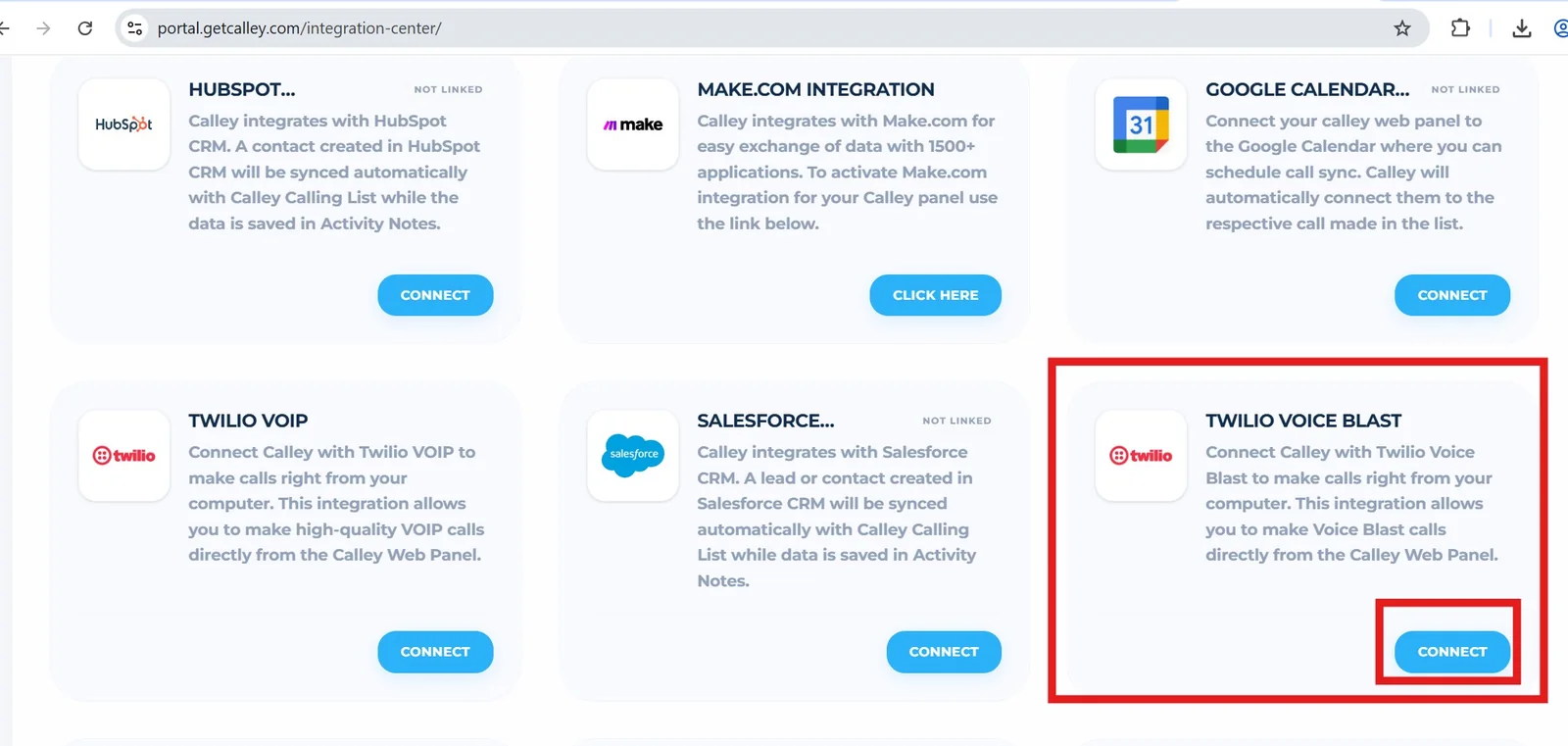 Twilio Voice Blast card with the Connect button highlighted