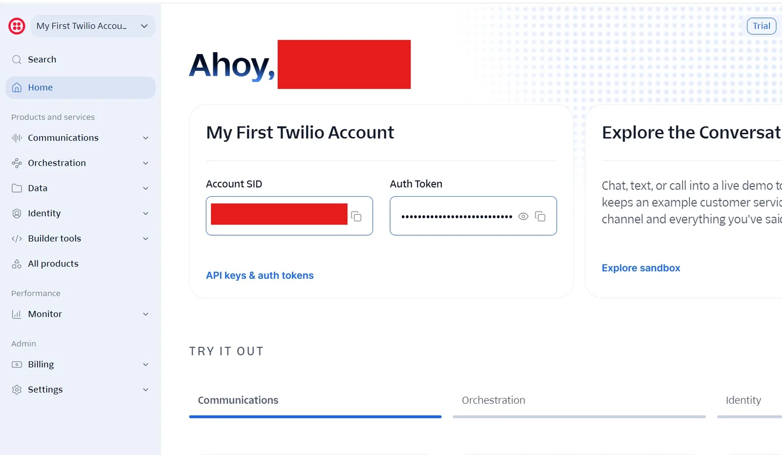 Twilio console home showing Account SID and Auth Token