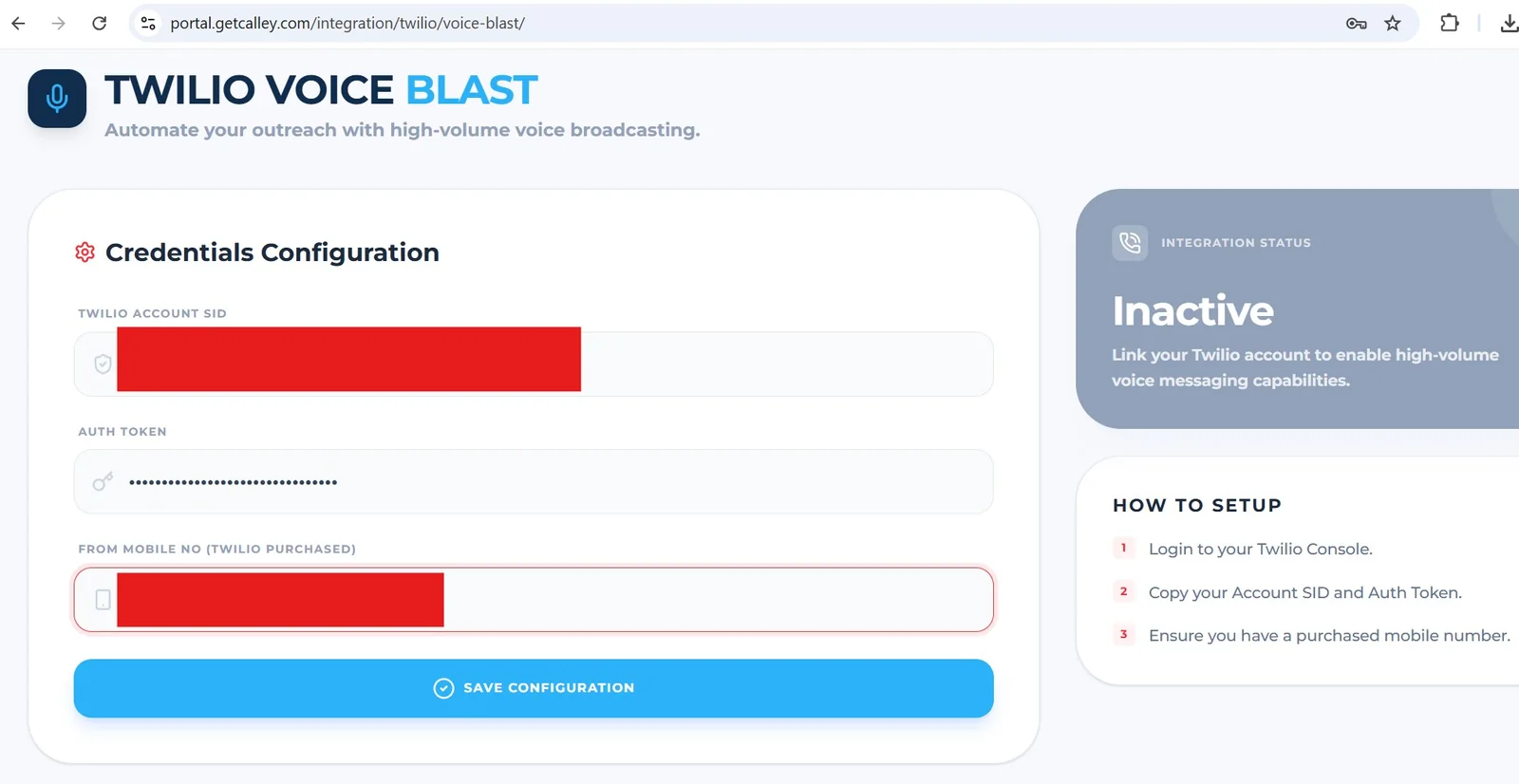 Twilio Voice Blast credentials configuration form