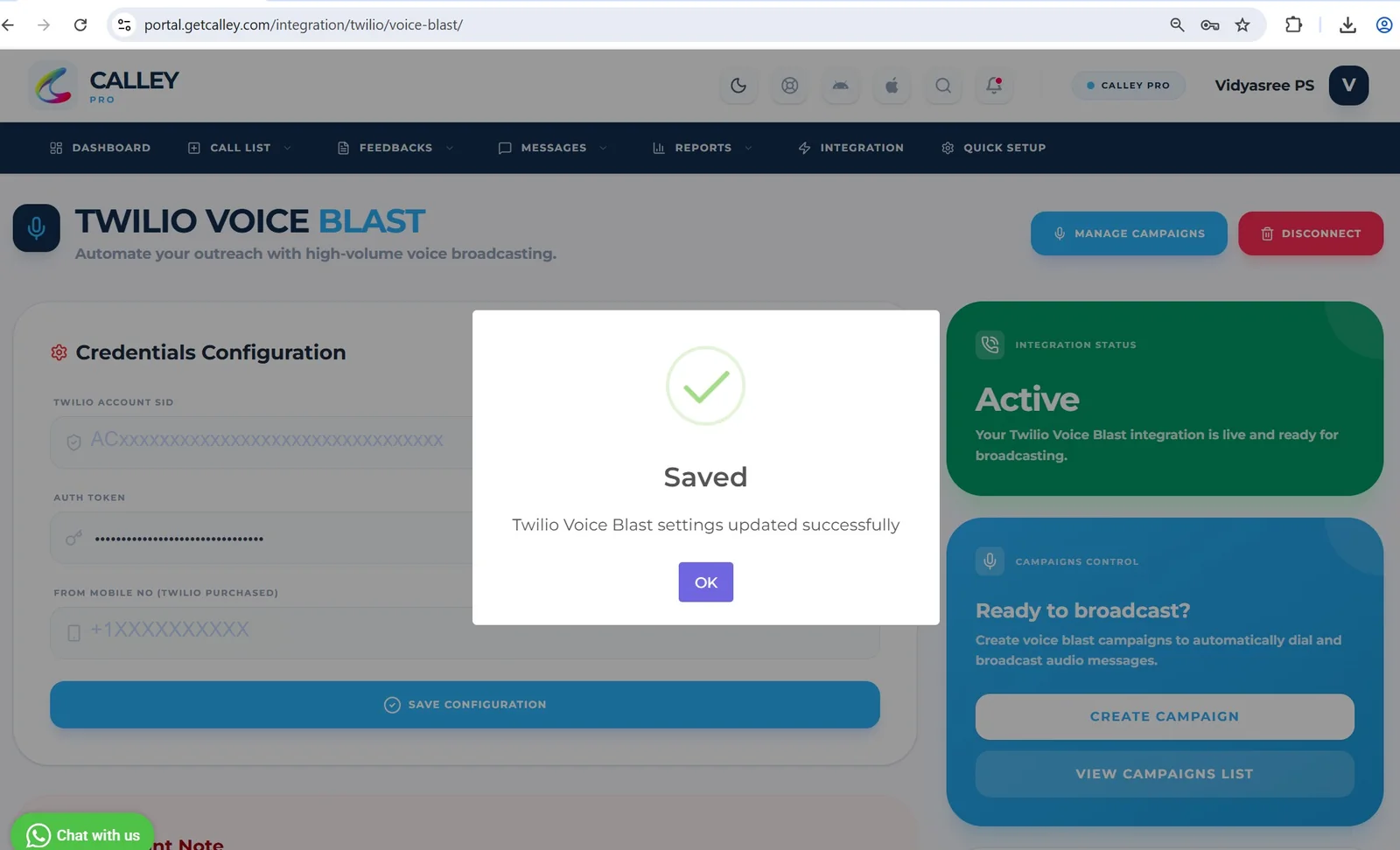 Twilio Voice Blast settings saved confirmation