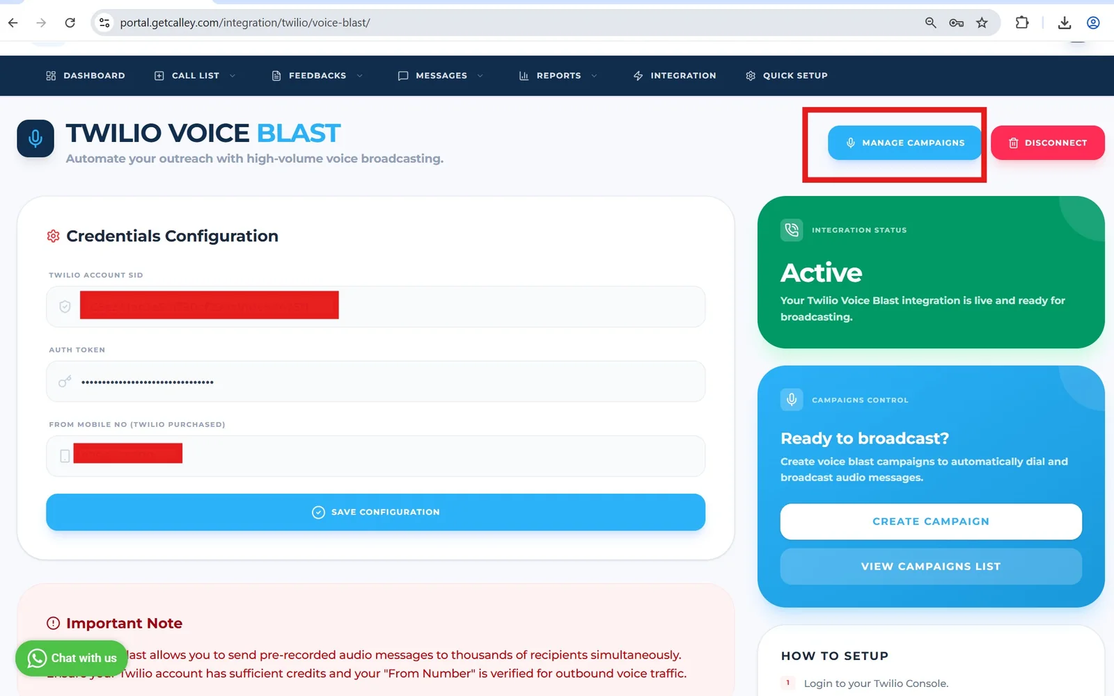 Twilio Voice Blast page with the Manage Campaigns button highlighted