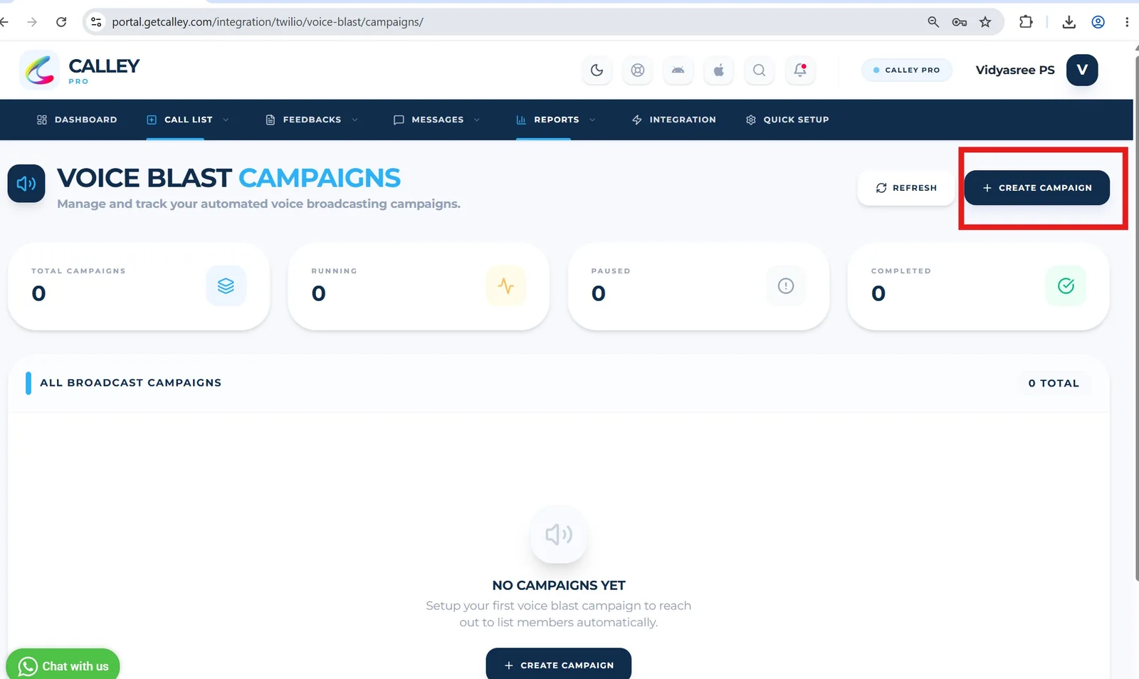 Voice Blast Campaigns page with the Create Campaign button highlighted