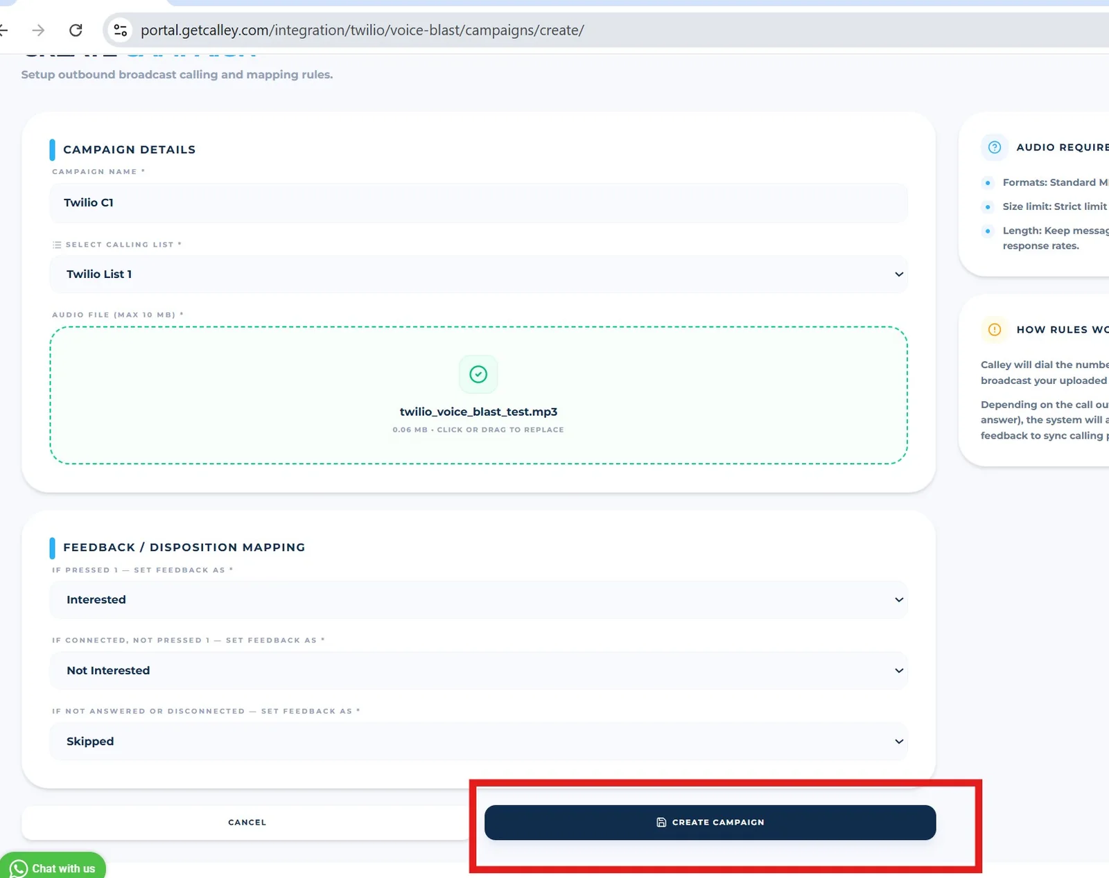 Create campaign form with campaign details and feedback mapping