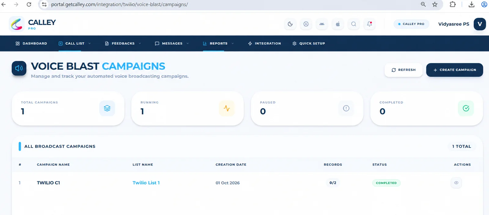 Voice Blast campaign with Completed status