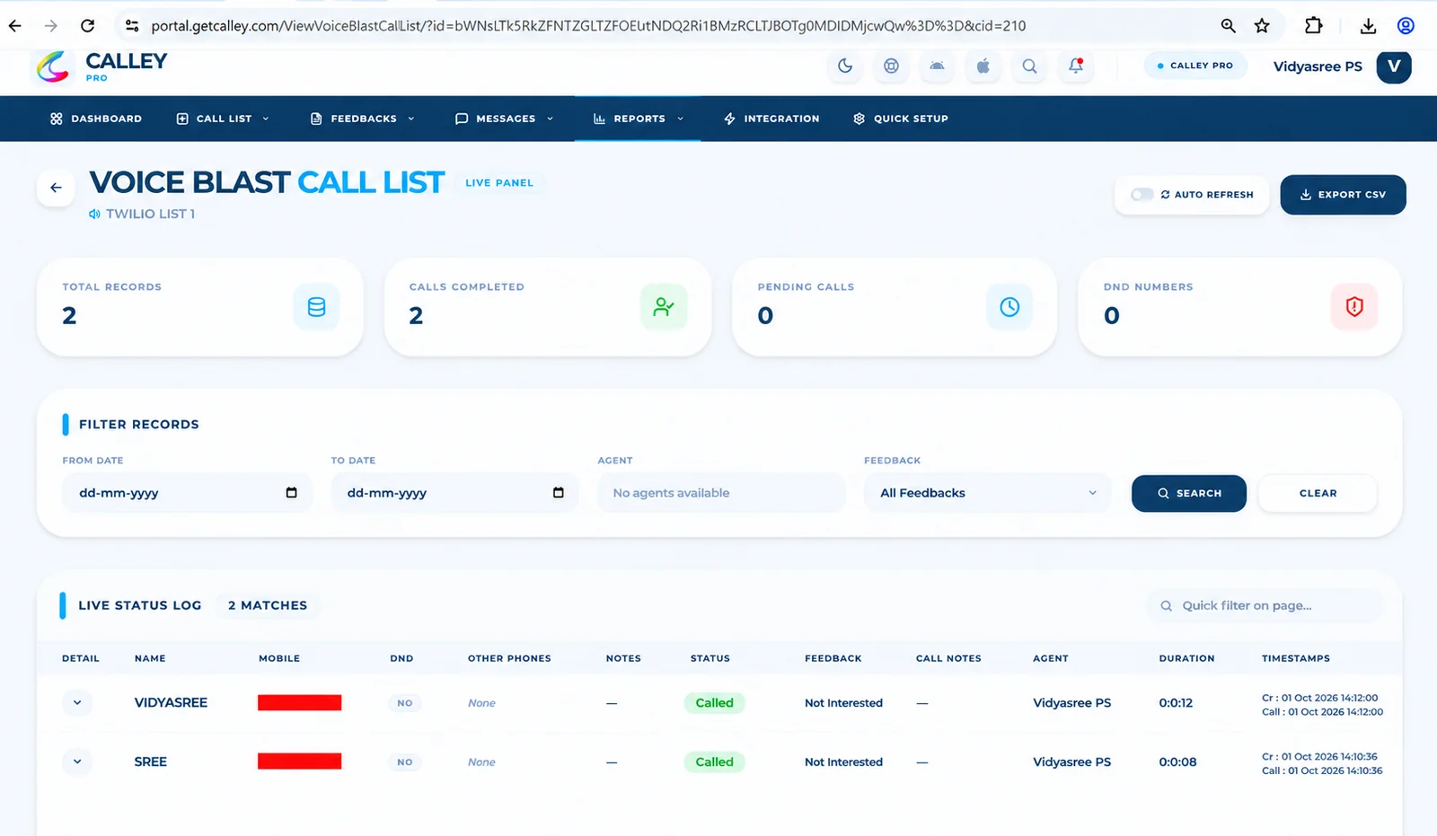 Voice Blast call list with feedback for each lead
