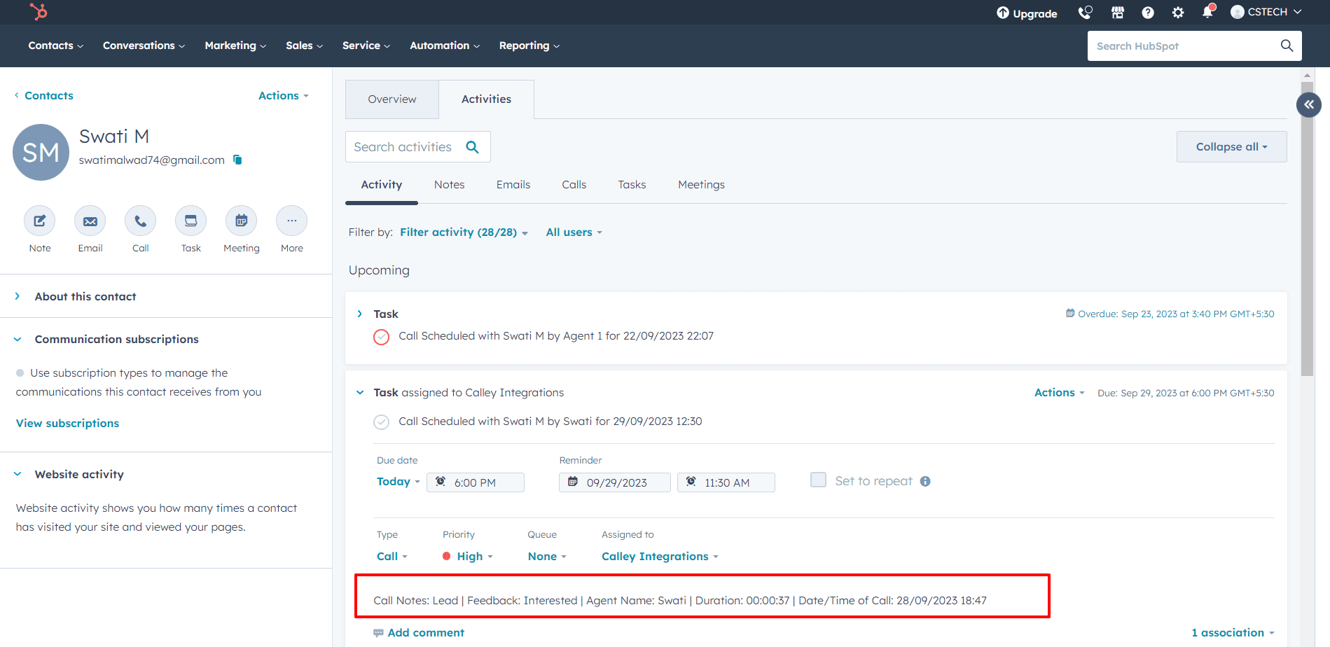 After Activity update you can see Call details, feedback and Scheduled call details on HubSpot