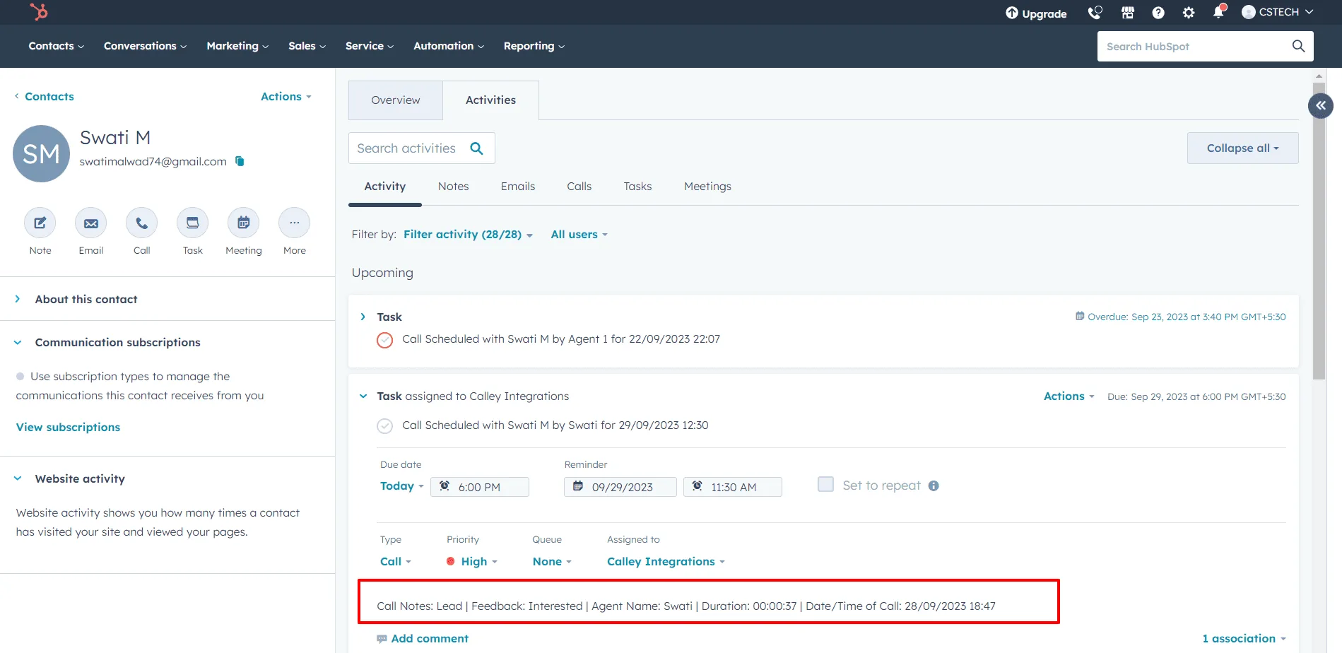 After Activity update you can see Call details, feedback and Scheduled call details on HubSpot