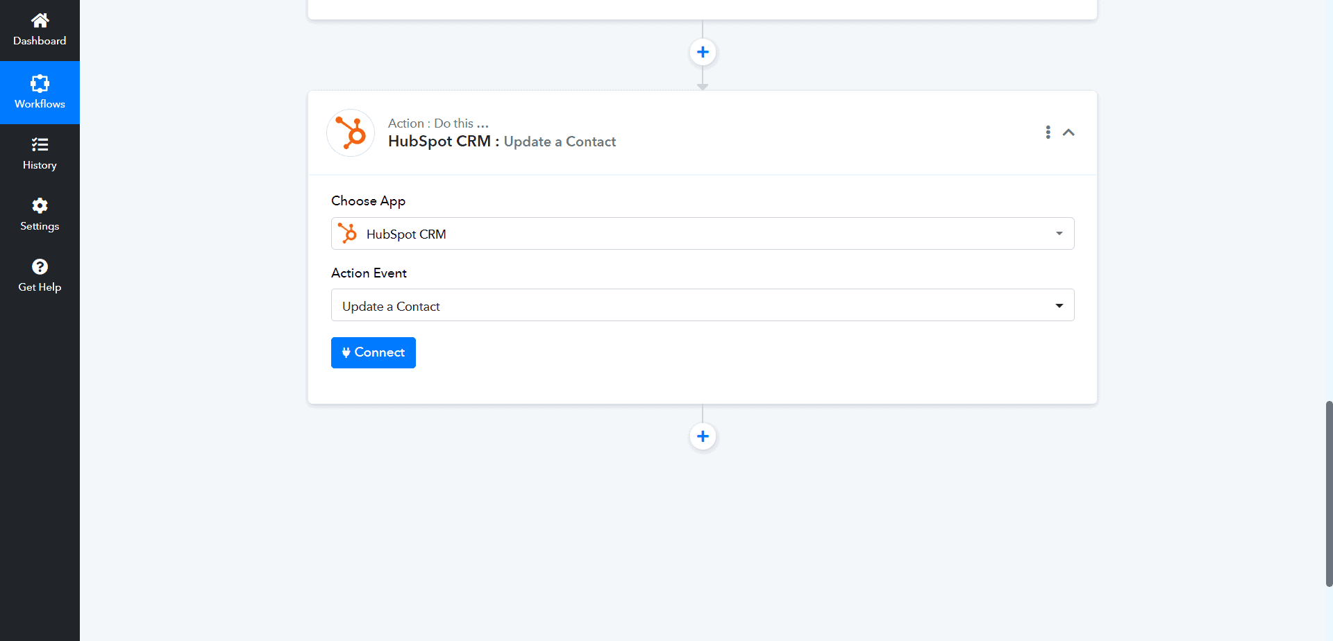 Now Select Action app as Hubspot and Action event as Update a Contact. Click on Connect.