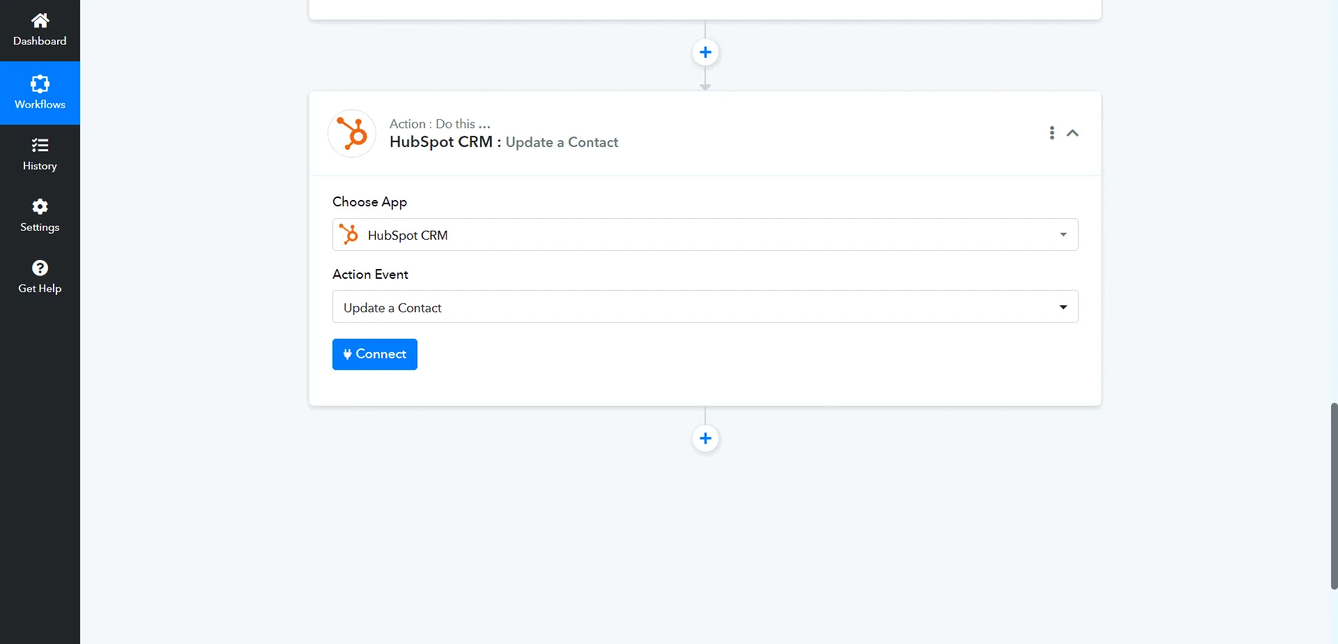 Now Select Action app as Hubspot and Action event as Update a Contact. Click on Connect.