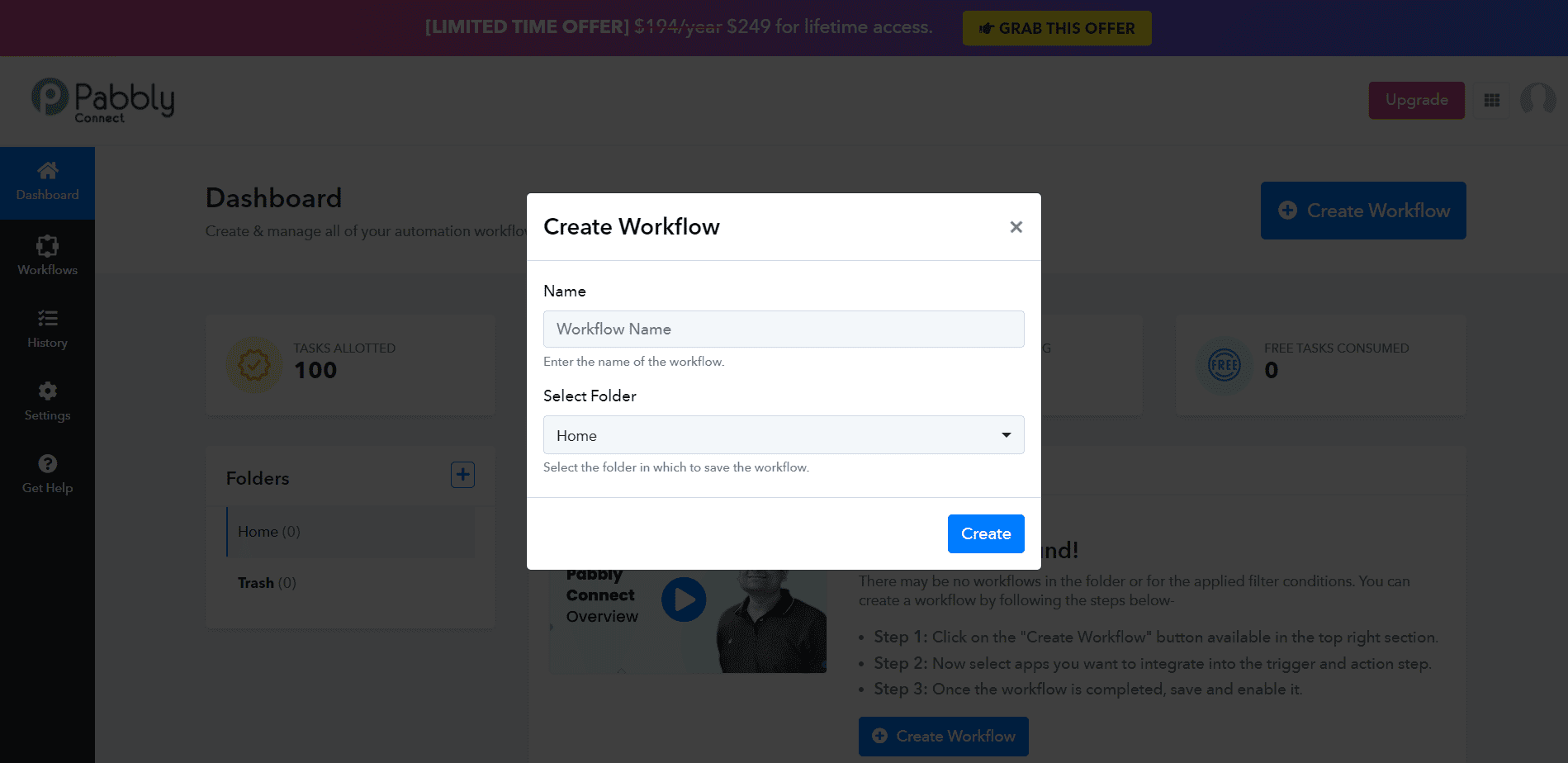 Add Work flow name and click on create