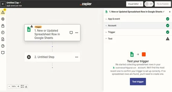Here I am selecting Google Sheet for guide. Choose an event and connect your google account, Test a trigger.