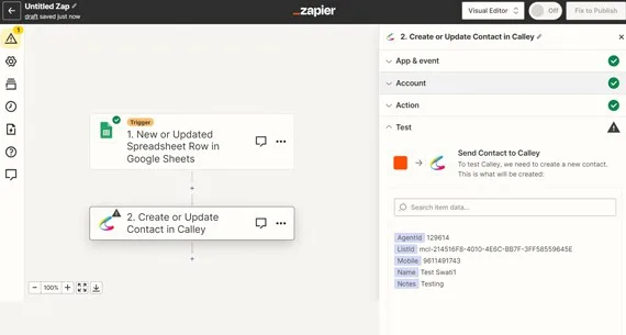 Select the action, map fields and test the action before making it live.